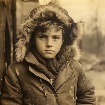 Photo of Soviet times, 60s, teenager in coat and fur hat, winter, realistic photo monochrome by Animaflora PicsStock
