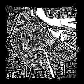 Amsterdam zwart wit in woorden: Plattegrond met A'dam toren van Muurbabbels Typographic Design
