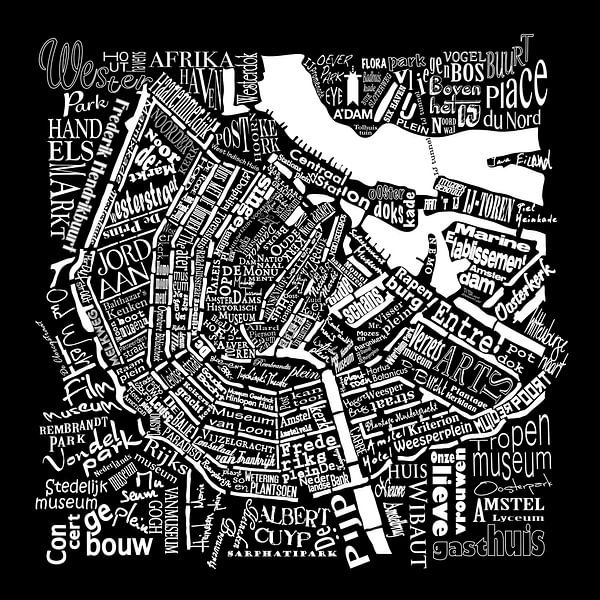 Amsterdam zwart wit in woorden: Plattegrond met A'dam toren van Muurbabbels Typographic Design