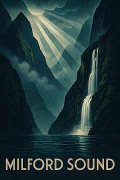 Milford Sound Mystique – Retro Fjord & Waterfall Poster by Travel Shop