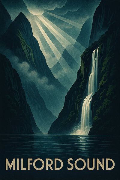 Milford Sound Mystique – Retro Fjord &amp; Waterfall Poster by Travel Shop