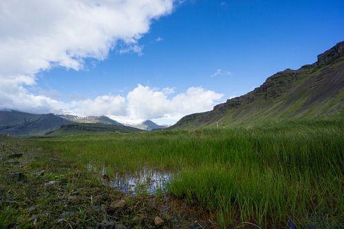 IJsland - Groen berglandschap met besneeuwde toppen