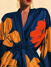Modernes, minimalistisches Porträt einer Frau mit einem blauen und orangefarbenen Kimono