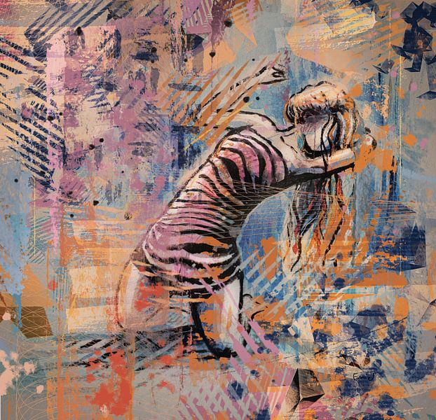 Colourful mixed media artwork dancer on her knees by Emiel de Lange