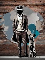 Homme avec chien contre un mur de briques