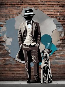 Mann mit Hund an einer Backsteinmauer