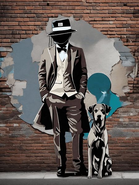 Man with dog against brick wall by On Your Wall
