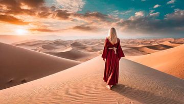 Femme dans le désert avec coucher de soleil sur Mustafa Kurnaz