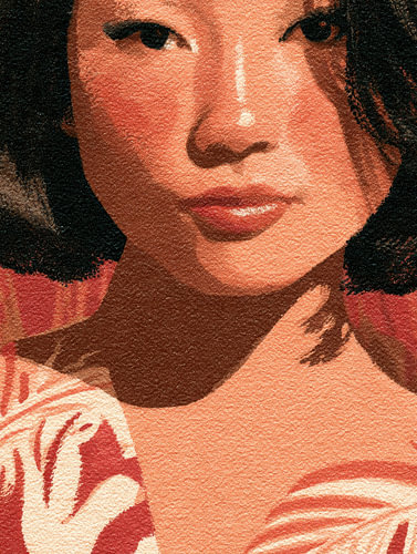 Modern minimalistisch portret van een vrouw in warm okergeel en terracotta