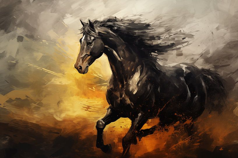 Fond artistique abstrait avec un cheval noir, en design peinture à l'huile par Animaflora PicsStock