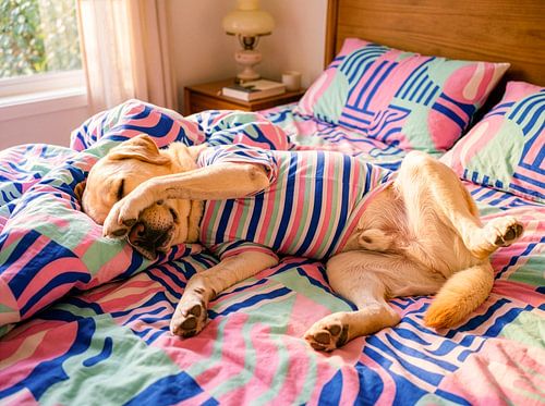 Labrador die op een kleurrijk bedsprei ligt