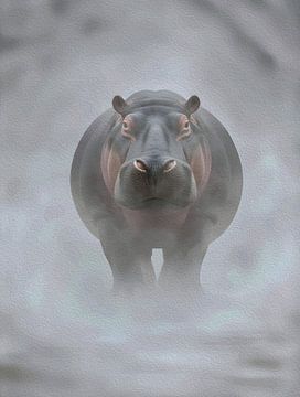 Majestic Hippopotamus Misty Fog Impasto Wildlife Portrait by Ramy Salah Hefny