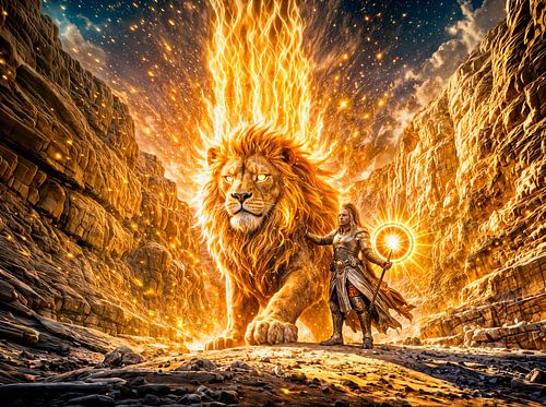 De mystieke Leeuw in een vurige fantasiescène