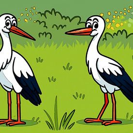 Deux cigognes joyeuses dans la verdure sur Jose Lok