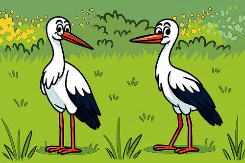 Two cheerful storks in the countryside by Jose Lok