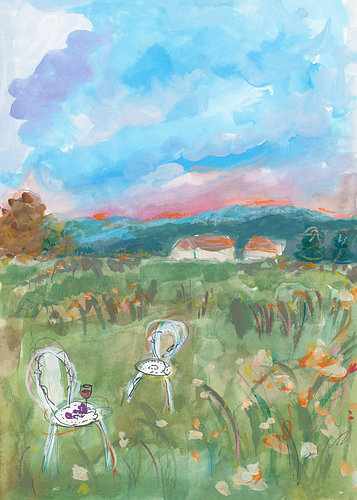 Aquarell: Tiefrosa Sonnenuntergang