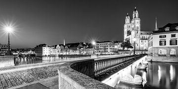 Zurich with the Grossmünster at night - monochrome by Werner Dieterich