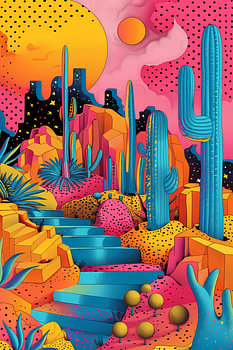 Funky Retro Maximalist Desert – Levendig popart-cactuslandschap