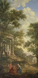 Arcadian landscape with a temple on the left and a seated old man in the foreground, Jurriaan Andrie