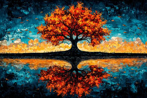 Arbre d'automne avec reflet coloré