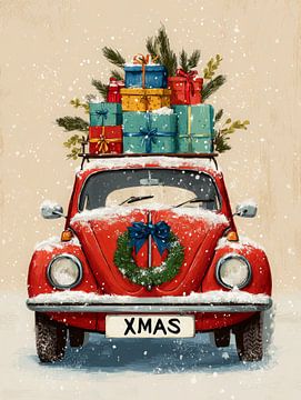 Vintage kerstauto met geschenken en sneeuw van But First Framing
