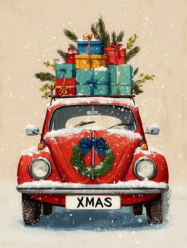 Voiture de Noël vintage avec des cadeaux et de la neige