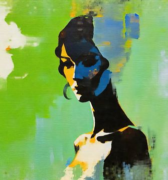 Blau Grün | Blaue Frau auf grünem Hintergrund von Wunderbare Kunst