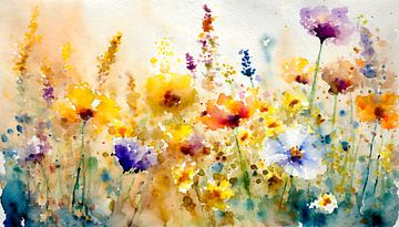 Kleurrijk schilderij met wilde bloemen in het gras van Studio Pieternel