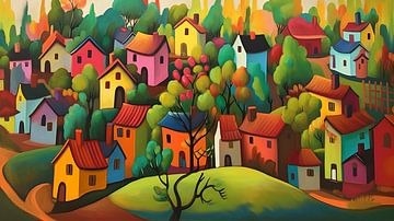 colourful village countryside in autumn naive by Jan Bechtum