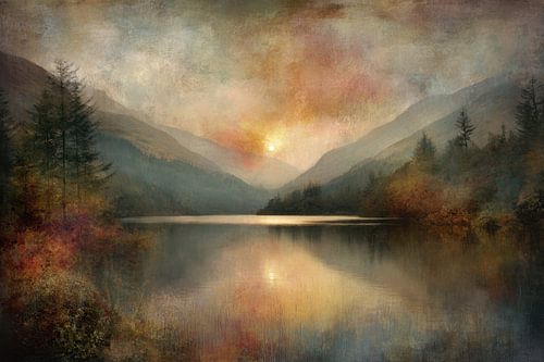 See in den Bergen bei Sonnenuntergang von BowiScapes – Kunst und urbane Wandgestaltung