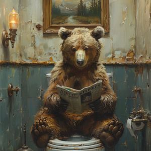 Majestic Bear Reads Newspaper In Bathroom - Artwork by Felix Brönnimann