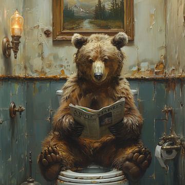 Majestic Bear leest krant in badkamer - Kunstwerk van Poster Art Shop