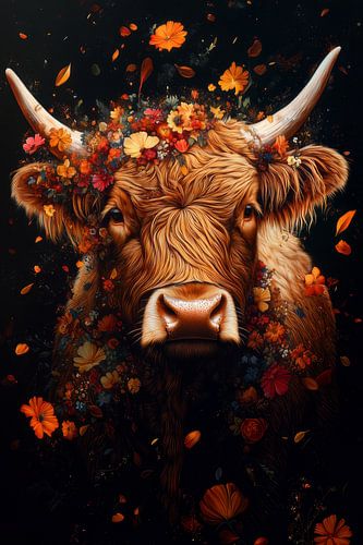 Highland Cow in Blossom - Autumnal Crown of Colour