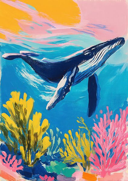 Whale in the ocean - Colourful gouache painting by Niklas Maximilian