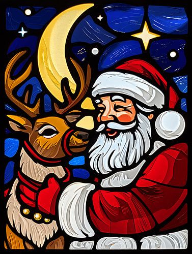 Stained Glass Santa & Reindeer Under the Moonlight