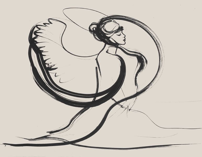 Minimal art - abstract artwork with black lines on beige background - angel by Emiel de Lange