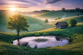 Rural Landscape with Pond, Cabin, and Sunset. by Markus Gann
