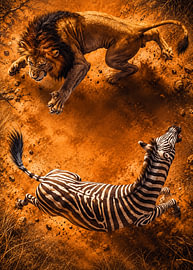 Löwe jagt Zebra in der Savanne von Karomah Project