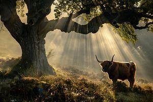 Schottischer Highlander unter einem Baum