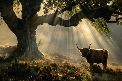 Highlander écossais sous un arbre