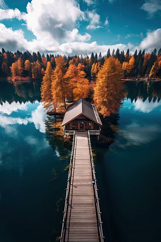Haus mit Steg auf einem See