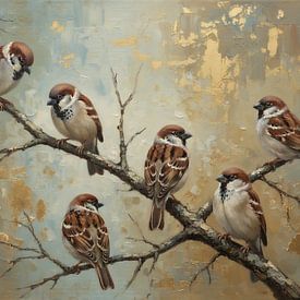 Sechs Spatzen auf einem Zweig mit goldenem Hintergrund von By Marjolein Design