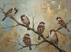 Sechs Spatzen auf einem Zweig mit goldenem Hintergrund