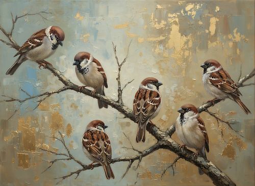 Sechs Spatzen auf einem Zweig mit goldenem Hintergrund von By Marjolein Design