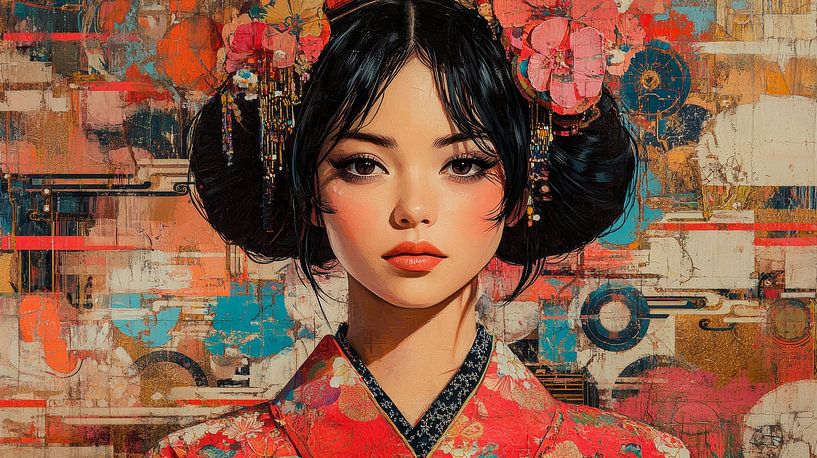 Japanse vrouw in rode kimono van Lufy