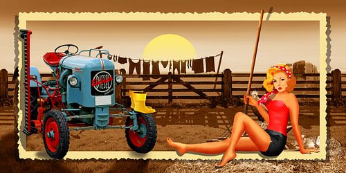 Pin Up Girl with tractor on the farm by Monika Jüngling