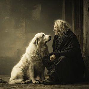 Face to Face with a Pyrenean Mountain Dog | Figurative Wall Art: Man and Dog