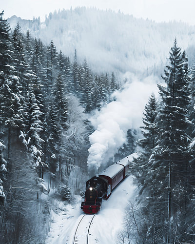 Train historique dans la forêt hivernale