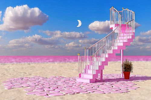 Roze trap naar de maan boven roze zee