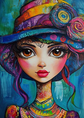 Fille aux grands yeux et au chapeau coloré